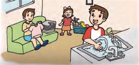 Pamilyang nagtutulungan sa mga gawaing bahay .